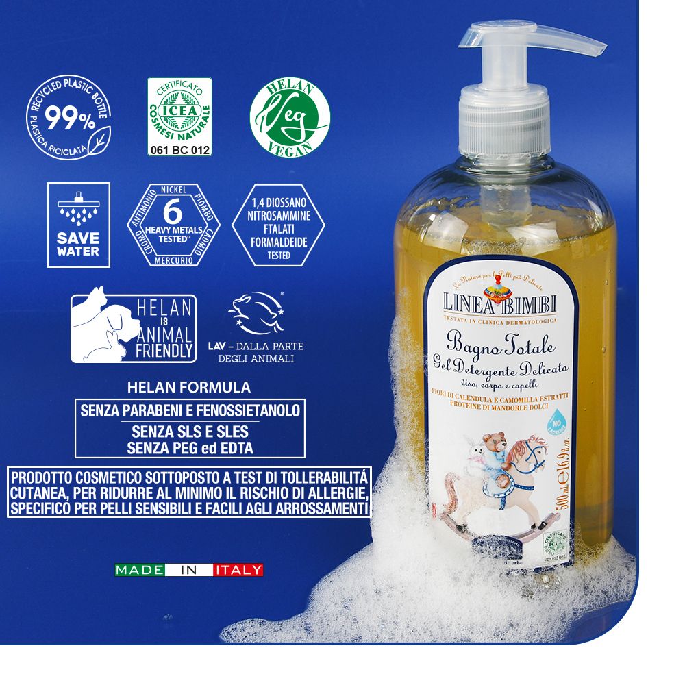 Flasche mit Pumpe, umgeben von Schaum. Aufdruck: LINEA BIMBI, Bagno Totale. Text: Ohne Parabene, SLS, SLES, PEG und EDTA. Vegan.