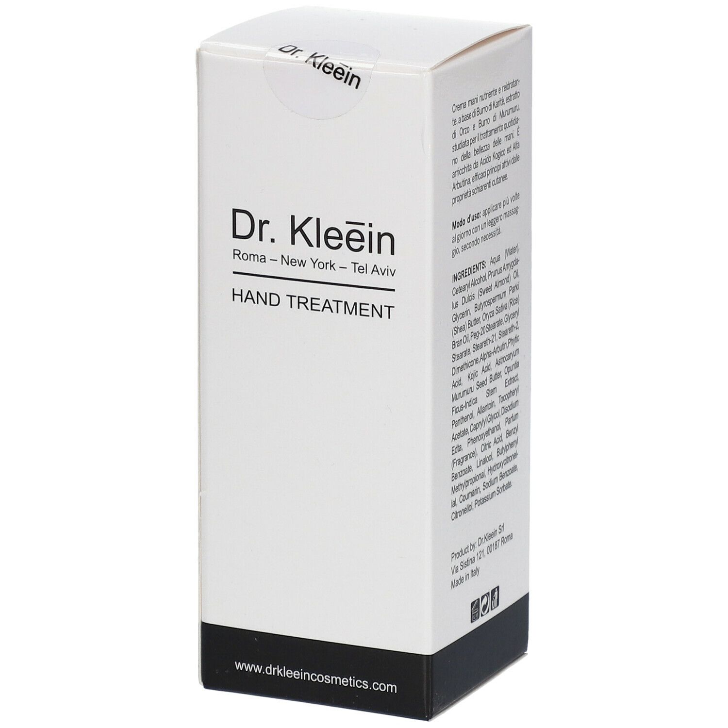 Confezione bianca con base nera. Scritta: Dr. Kleein HAND TREATMENT. Logo e testo in nero.