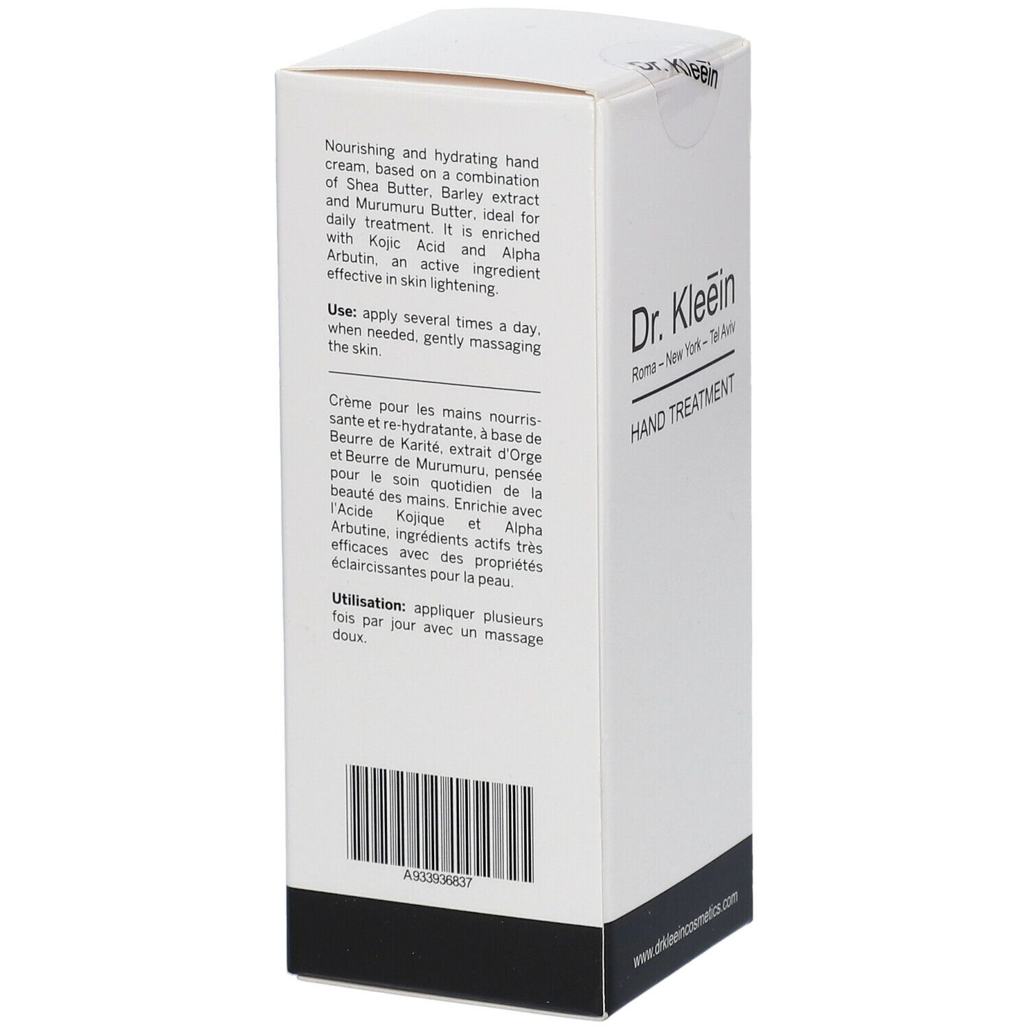 Confezione bianca con testo e codice a barre. Scritta: Dr. Kleein HAND TREATMENT. Testo nero su sfondo bianco.
