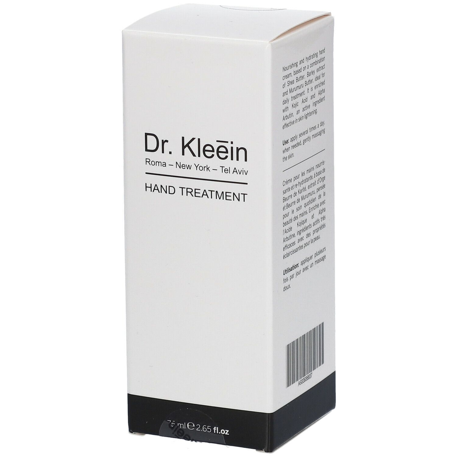 Confezione bianca con base nera. Scritta: Dr. Kleein HAND TREATMENT. Testo: 75 ml 2.65 fl.oz.