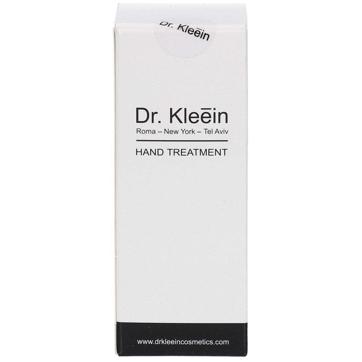 Confezione bianca con base nera. Scritta: Dr. Kleein HAND TREATMENT. Logo e testo in nero.