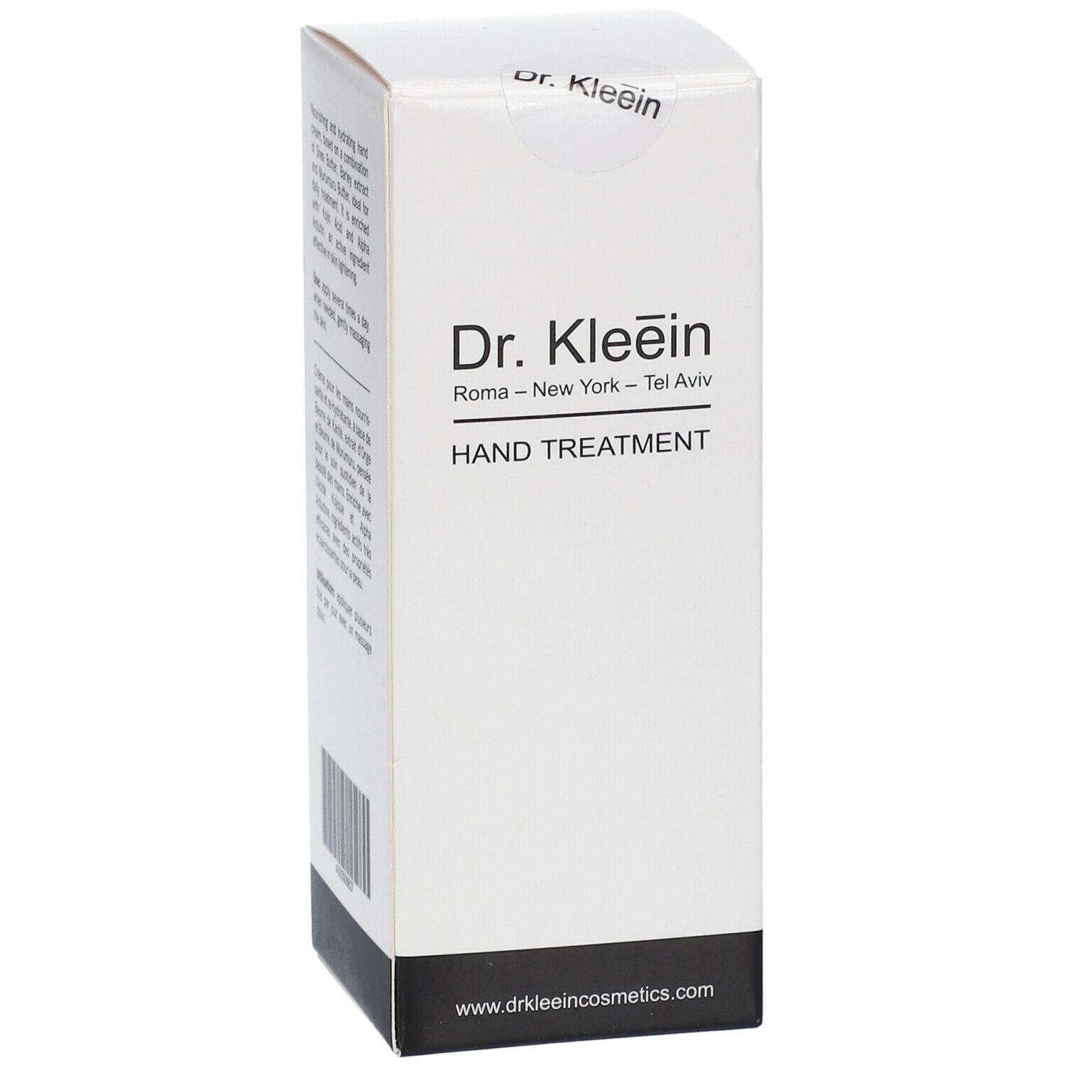 Confezione bianca con base nera. Scritta: Dr. Kleein HAND TREATMENT. Logo e testo in nero.