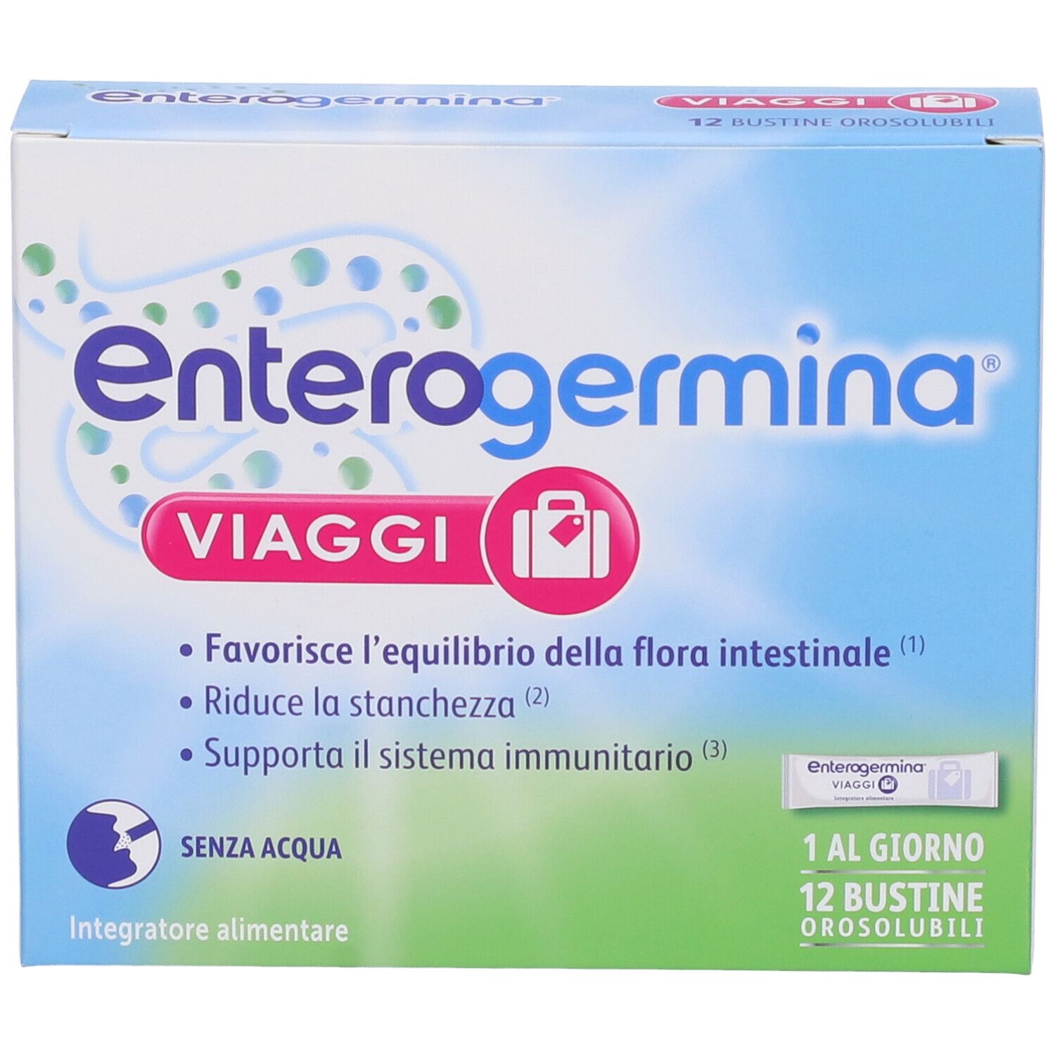 Scatola Enterogermina Viaggi. Contiene 12 bustine. Scritto: «Senza acqua».