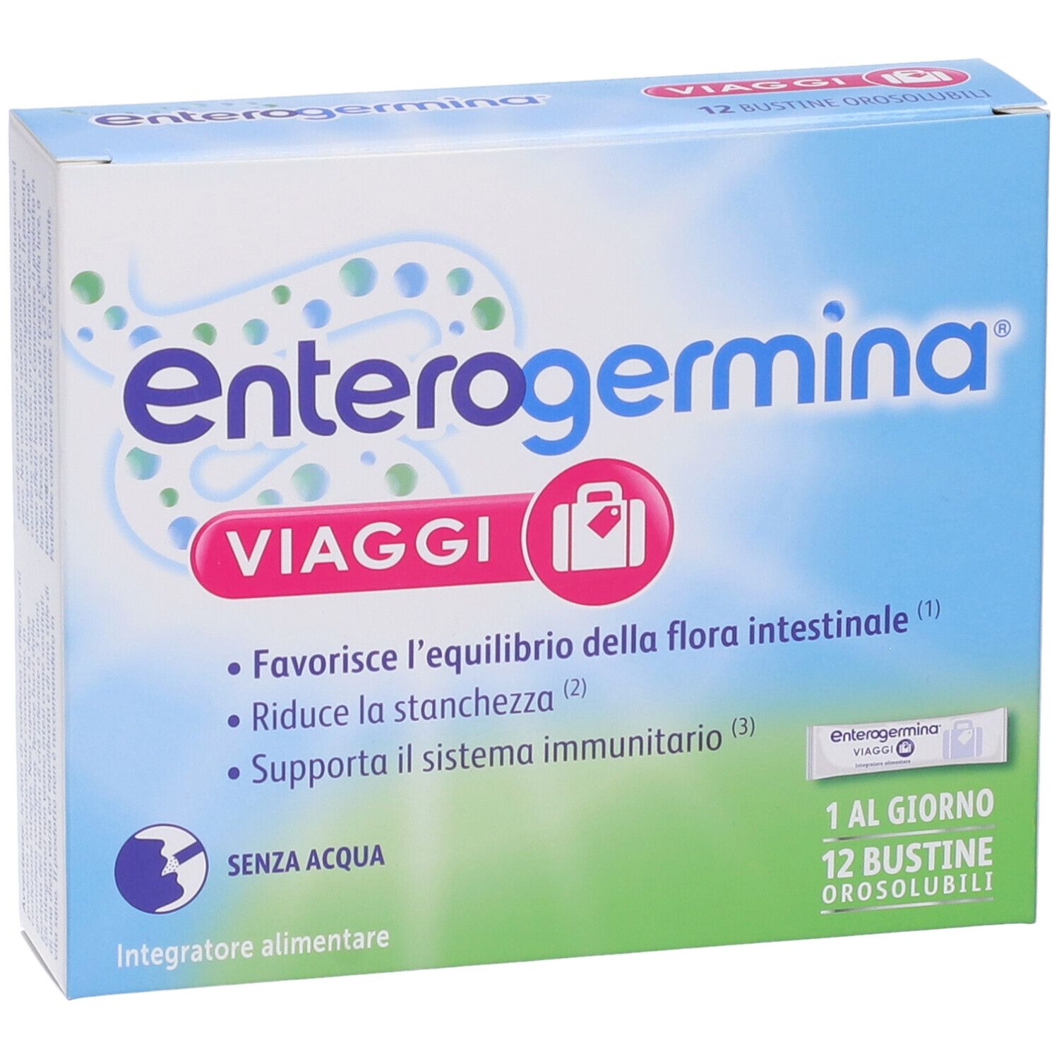 Scatola Enterogermina Viaggi. Contiene 12 bustine. Scritto: «Senza acqua».
