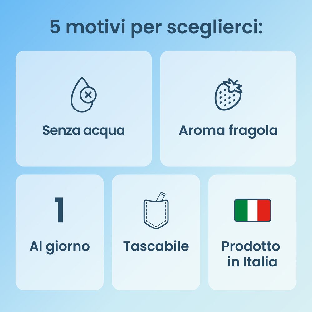 Grafica: 5 motivi per scegliere Enterogermina Viaggi: Senza acqua, aroma fragola, 1 al giorno, tascabile, prodotto in Italia.