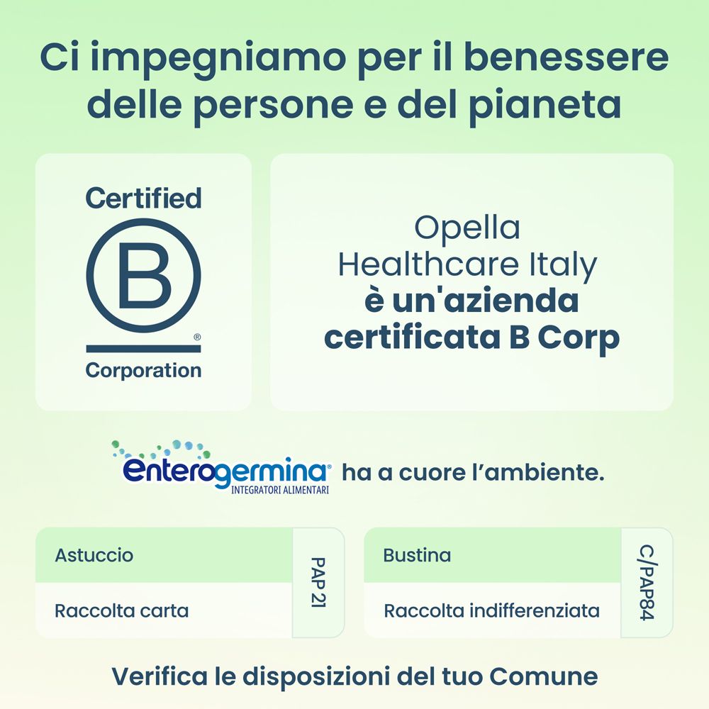 Certificazione B Corp di Opella Healthcare Italy. Enterogermina si impegna per l'ambiente.