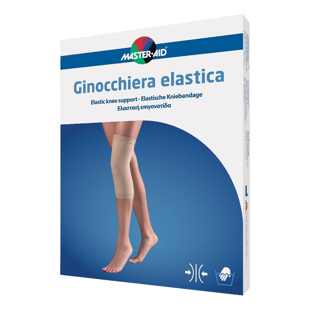 Confezione di Ginocchiera Elastica. L'immagine mostra una gamba con ginocchiera. Il marchio è Master-Aid.