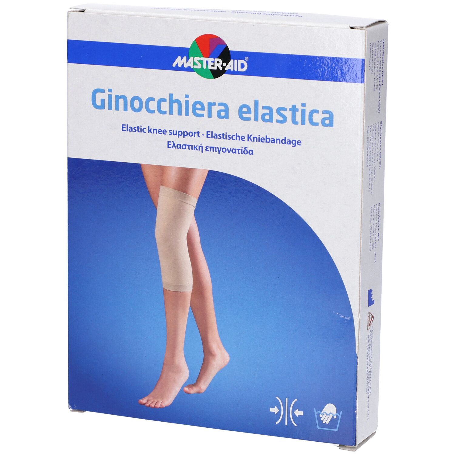 Confezione di Ginocchiera Elastica. L'immagine mostra una gamba con ginocchiera. Il marchio è Master-Aid.