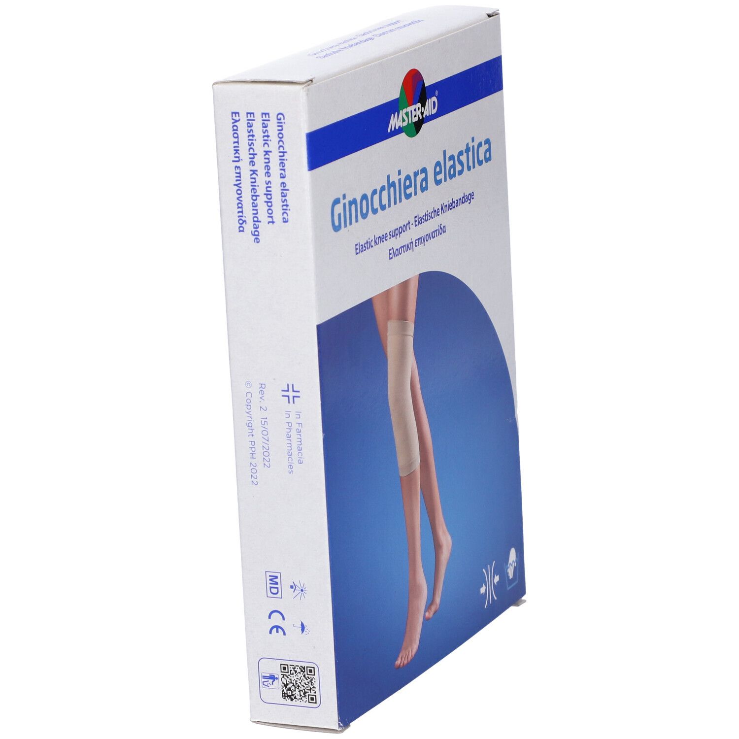 Confezione di Ginocchiera Elastica leggermente angolata. Il marchio è Master-Aid. L'immagine mostra una gamba con ginocchiera.