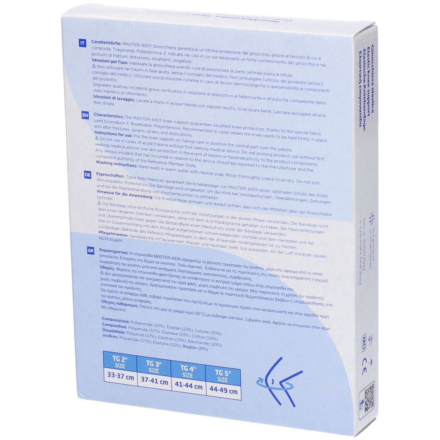 Retro della confezione di Ginocchiera Elastica. Testo multilingue. Taglie: TG 2, TG 3, TG 4, TG 5. Marchio CE.