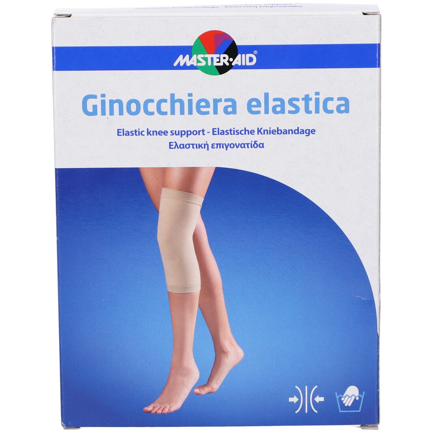 Confezione di Ginocchiera Elastica. L'immagine mostra una gamba con ginocchiera. Il marchio è Master-Aid.
