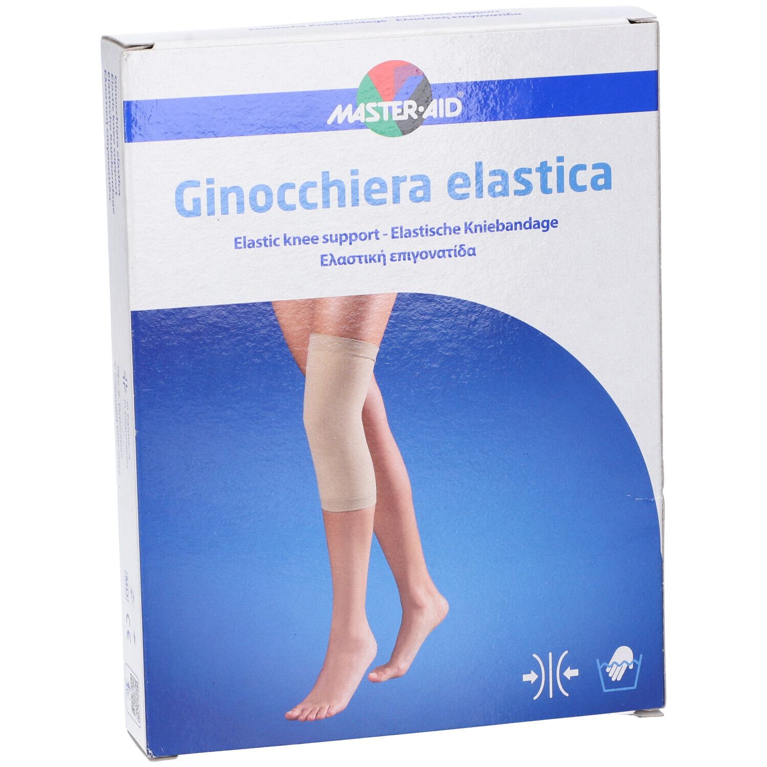 Confezione di Ginocchiera Elastica leggermente angolata. L'immagine mostra una gamba con ginocchiera.