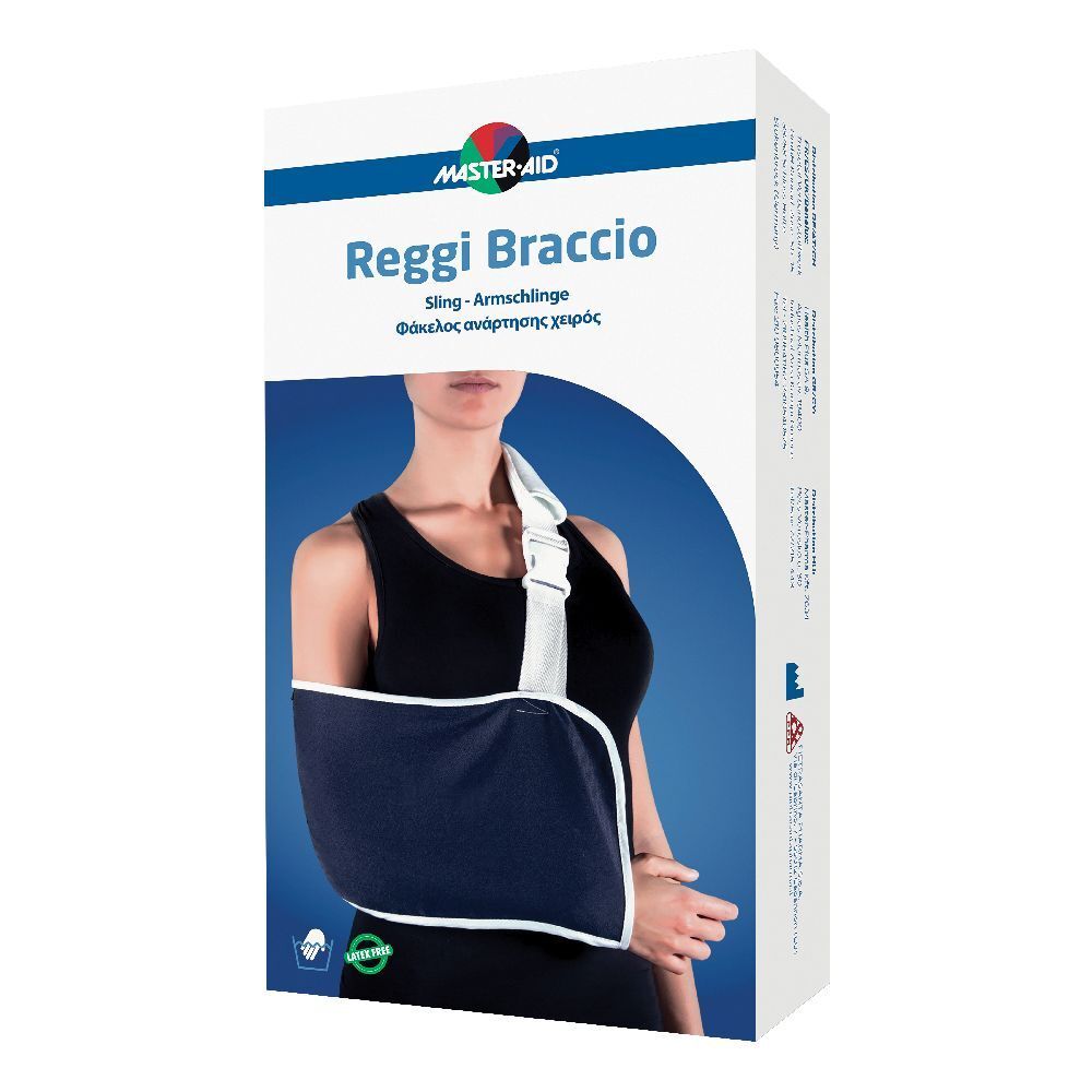 Fascetta blu per braccio in confezione. Marchio MASTER-AID. Testo: Reggi Braccio, Sling. Donna che indossa la fascetta.