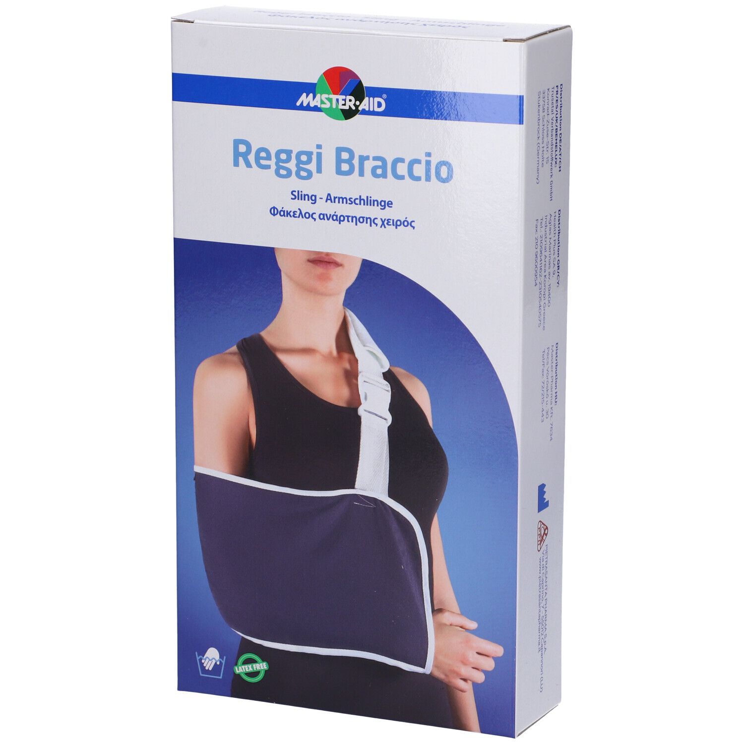 Fascetta per braccio in confezione. Marchio MASTER-AID. Testo: Reggi Braccio, Sling. Donna che indossa la fascetta blu.