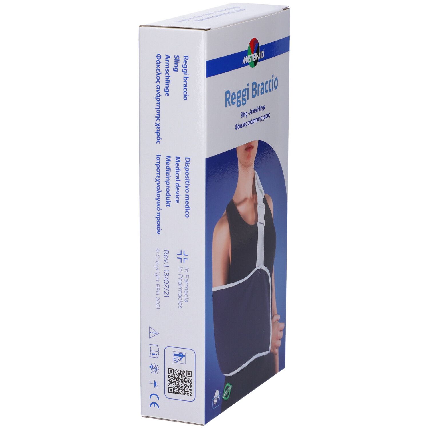 Confezione, fascetta per braccio. Marchio MASTER-AID. Testo: Reggi Braccio, Sling. Dispositivo medico. Donna con fascetta.