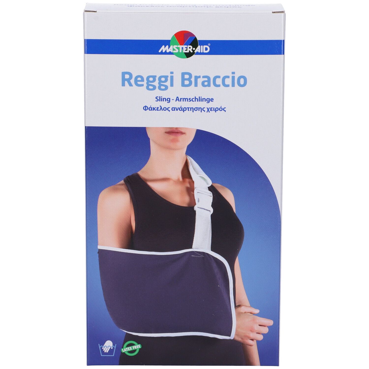 Fascetta per braccio in confezione. Marchio MASTER-AID. Testo: Reggi Braccio, Sling. Donna che indossa la fascetta blu.