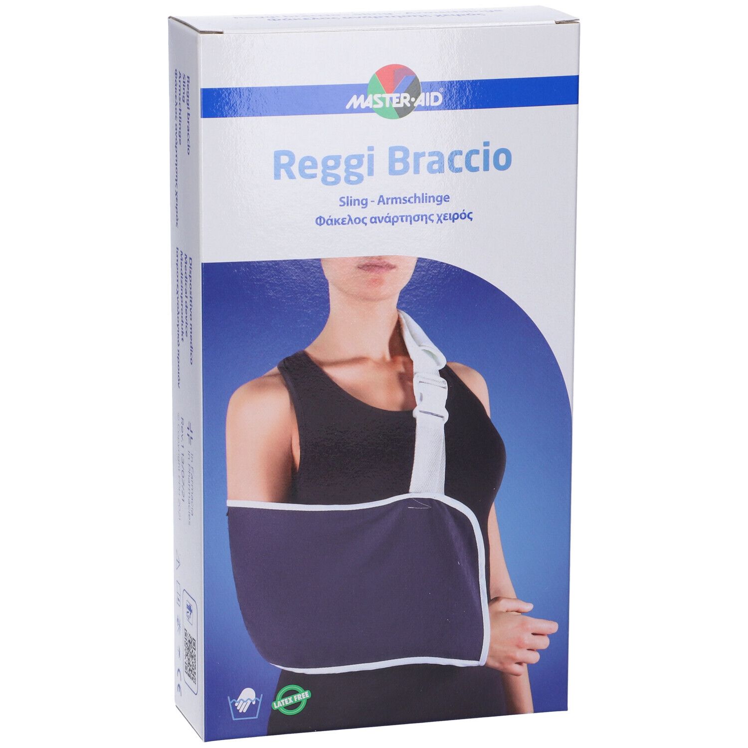 Fascetta per braccio in confezione. Marchio MASTER-AID. Testo: Reggi Braccio, Sling. Donna che indossa la fascetta blu.
