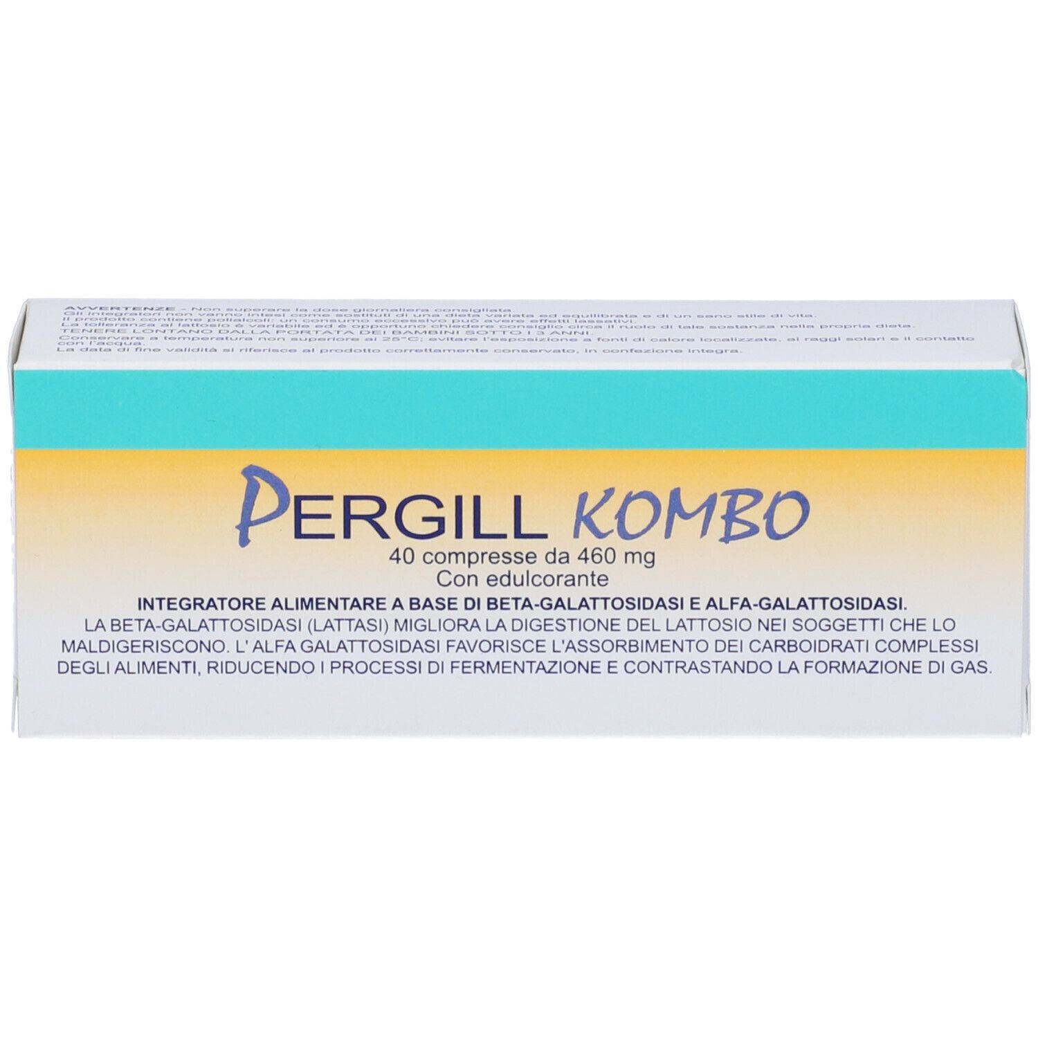 Boîte de Pergill Kombo. Texte: 40 comprimés de 460 mg. Avec édulcorant. Informations sur le produit.