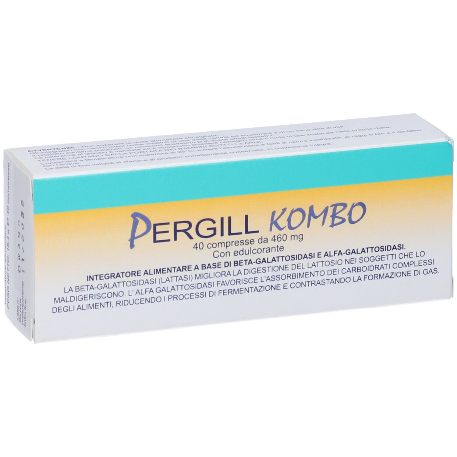 Boîte de Pergill Kombo. Texte: 40 comprimés de 460 mg. Avec édulcorant. Informations sur le produit.