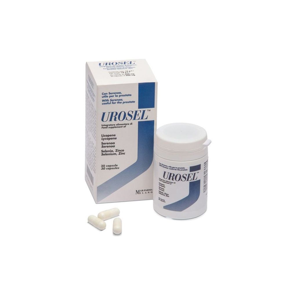 Capsule bianche, scatola e flacone con la scritta UROSEL. Sulla scatola sono indicati gli ingredienti e il numero di capsule.