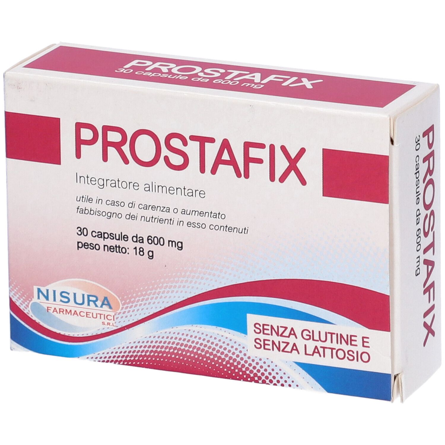 Scatola Prostafix, 30 capsule. Scatola bianca con testo rosso. Contiene informazioni sugli ingredienti e il produttore.