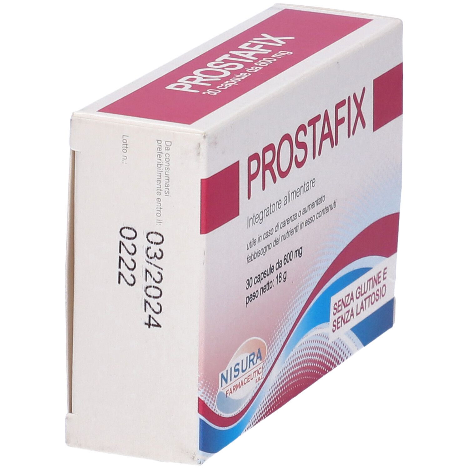 Vista laterale della scatola Prostafix. Scatola bianca con testo rosso. Contiene informazioni sulla data di scadenza.