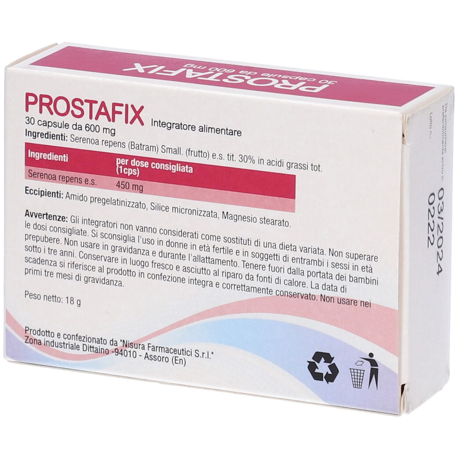 Retro della scatola Prostafix. Contiene ingredienti, dosaggio e informazioni sul produttore. Scatola bianca.