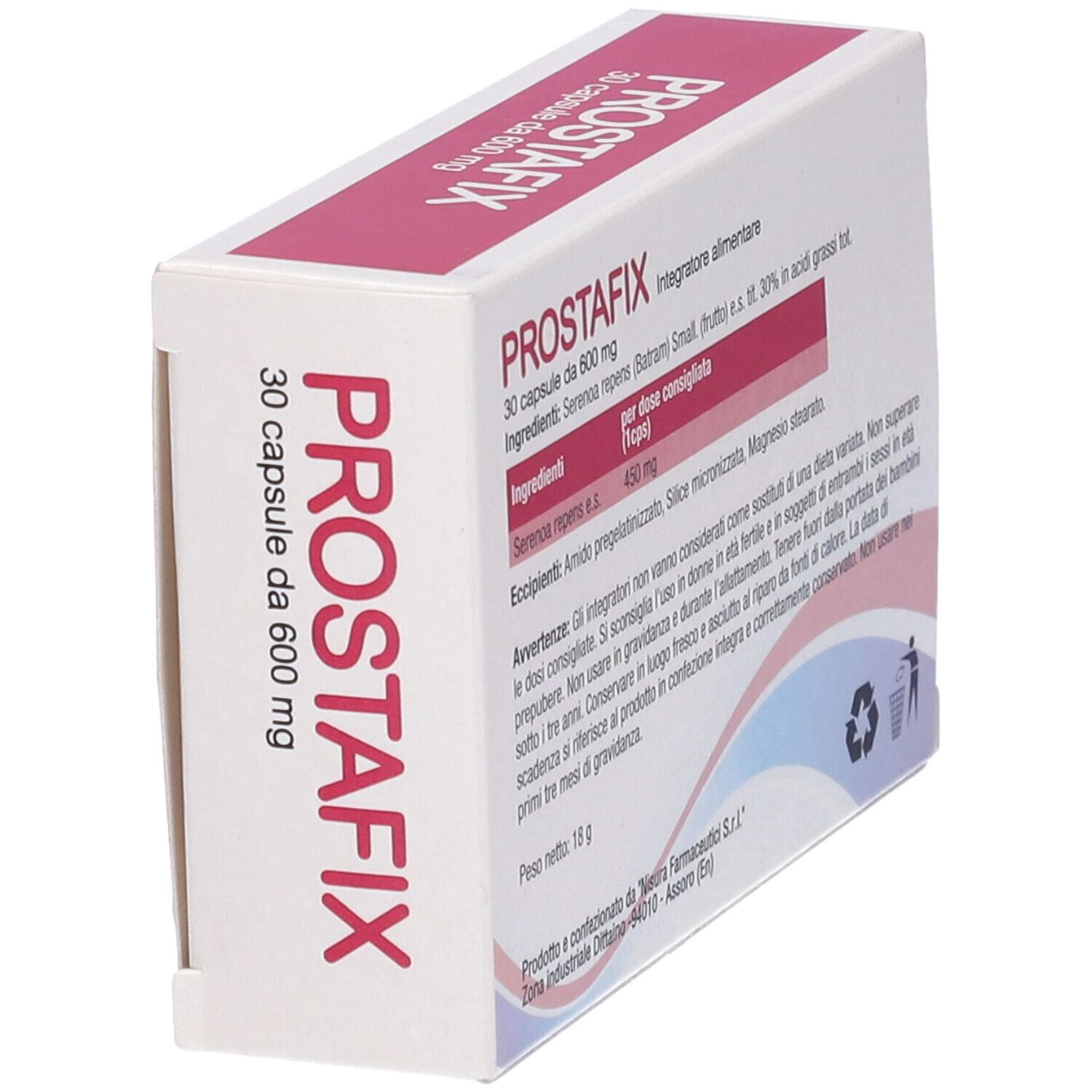 Scatola Prostafix in prospettiva. Contiene ingredienti, dosaggio e informazioni sul produttore. Scatola bianca.