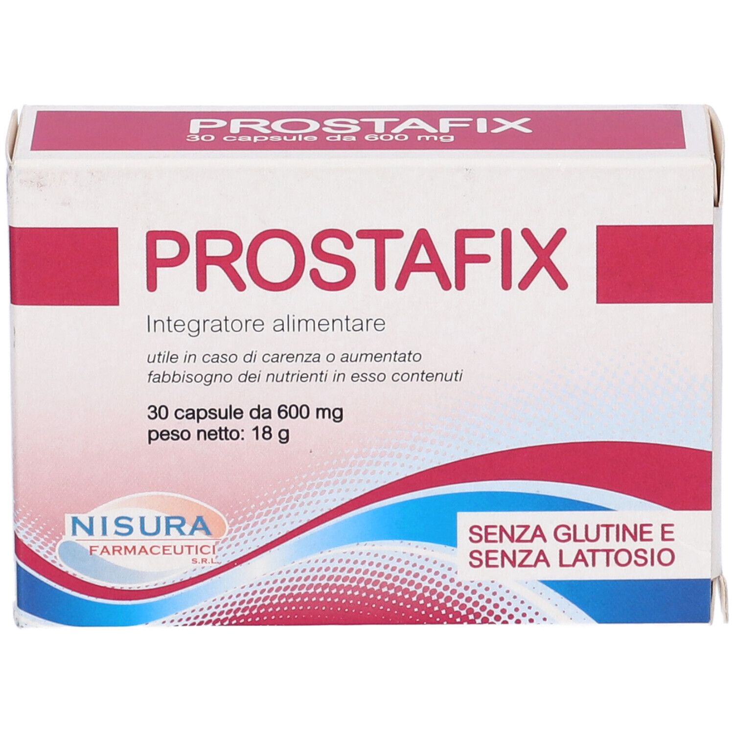 Scatola Prostafix, vista frontale. Scatola bianca con testo rosso. Contiene nome del prodotto, quantità e produttore.