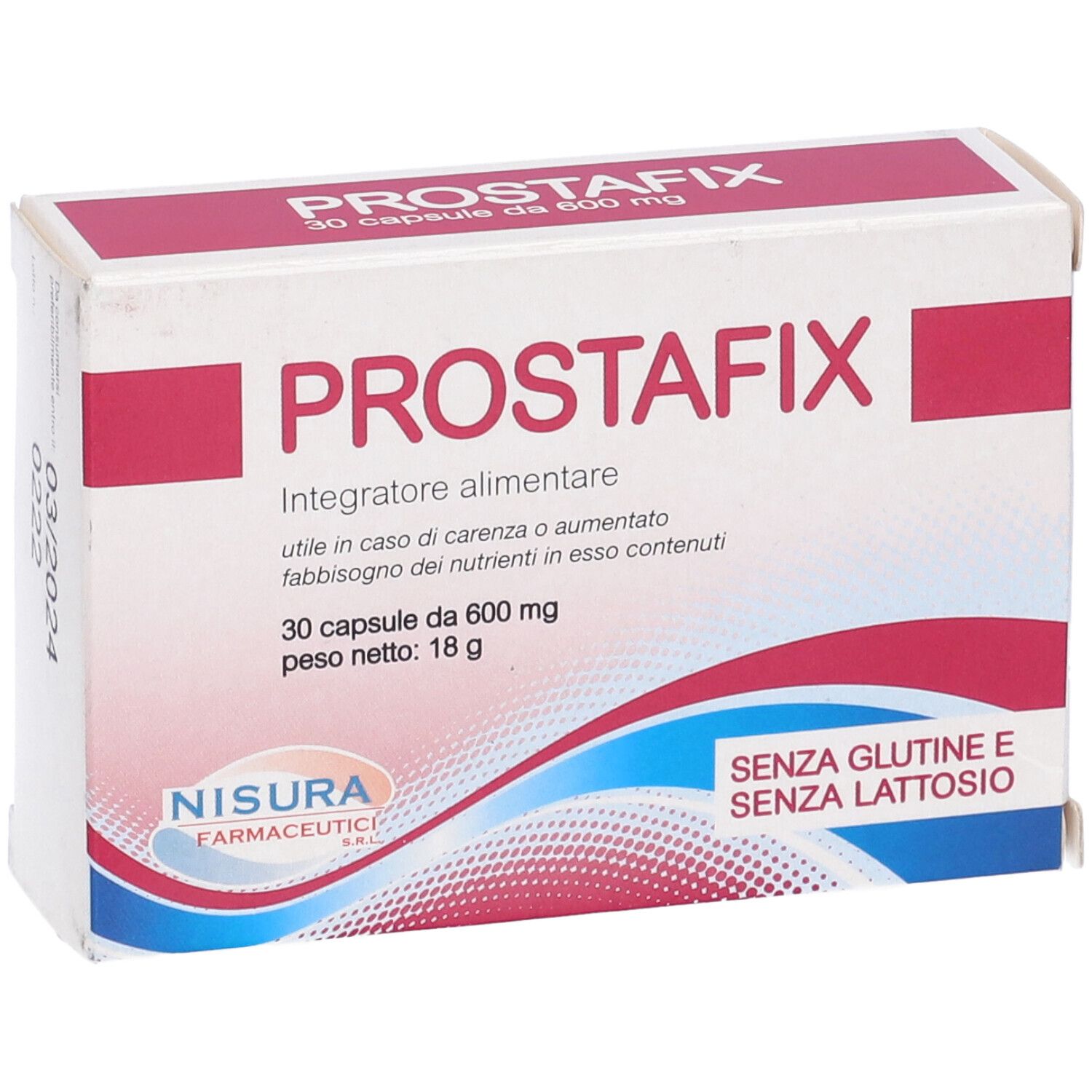 Scatola Prostafix, vista frontale. Scatola bianca con testo rosso. Contiene nome del prodotto, quantità e produttore.