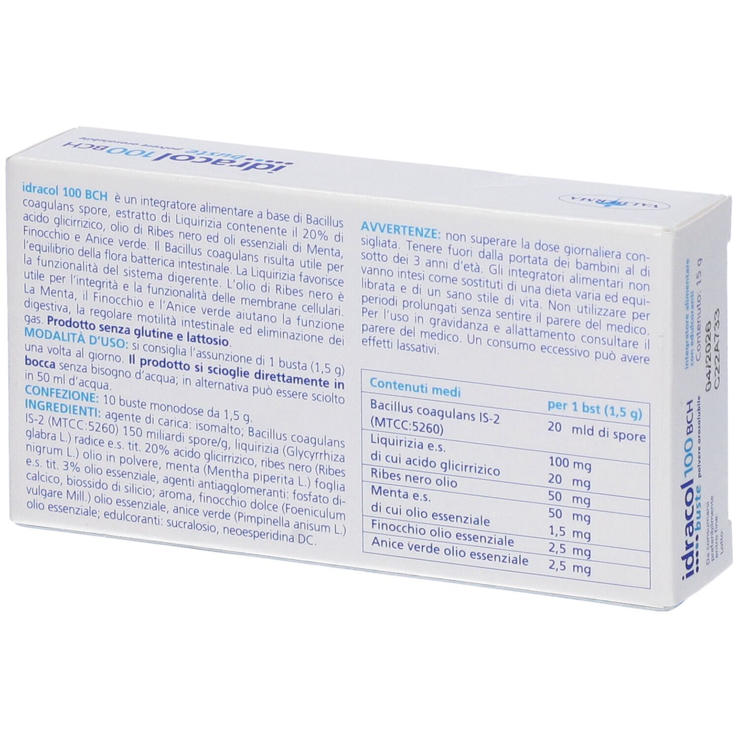 Scatola bianca con nome del prodotto e grafica blu. Contiene 10 bustine. Retro con informazioni sul contenuto.