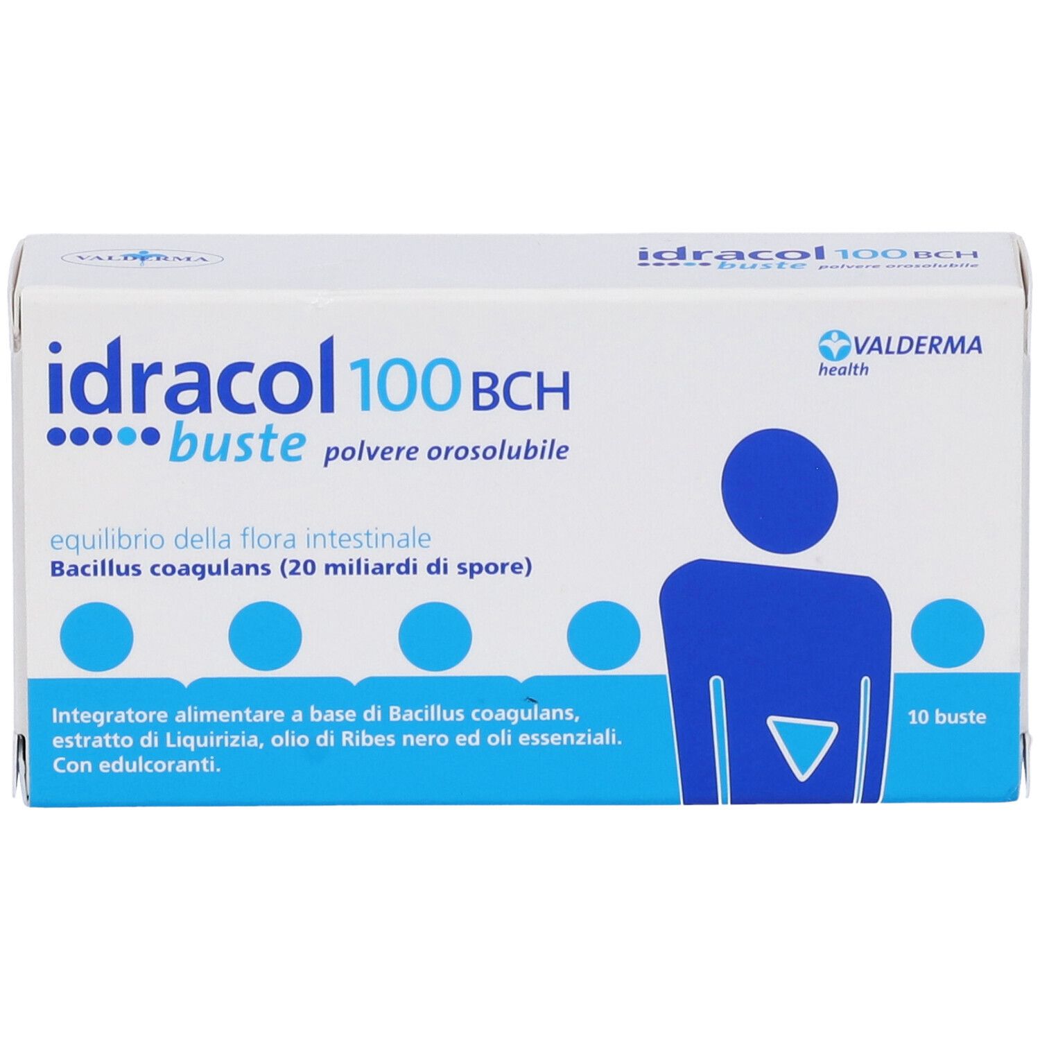 Scatola bianca con nome del prodotto e grafica blu. Contiene 10 bustine. Vista obliqua.