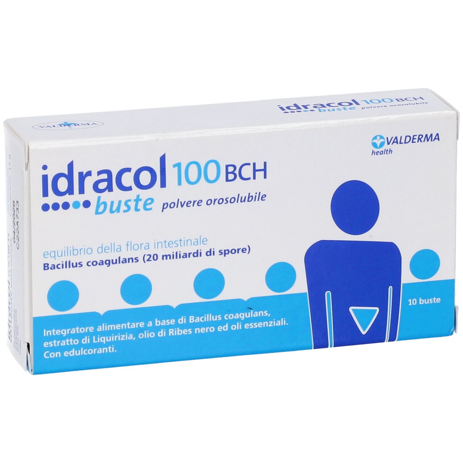 Scatola bianca con nome del prodotto e grafica blu. Contiene 10 bustine. Vista obliqua.