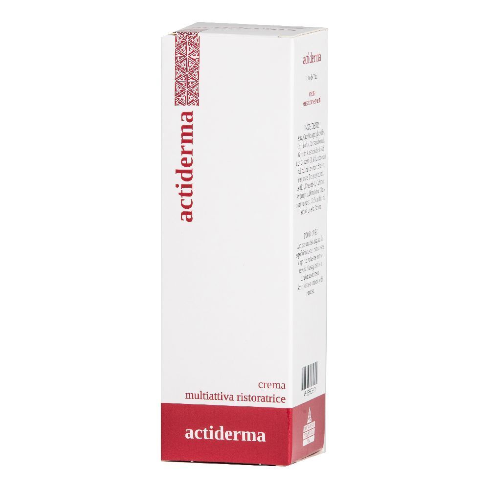 Scatola bianca con scritta rossa 'actiderma'. Testo: 'crema multiattiva ristoratrice'.