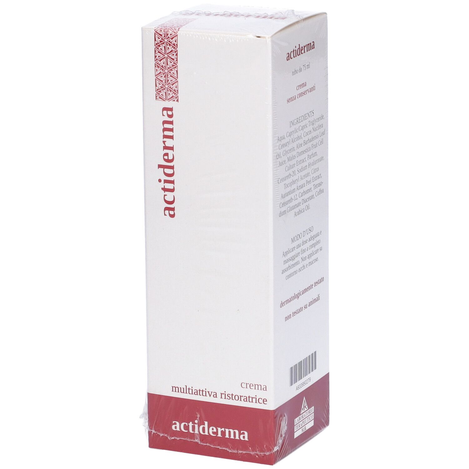 Scatola bianca confezionata con scritta rossa 'actiderma'. Testo: 'crema multiattiva ristoratrice'.