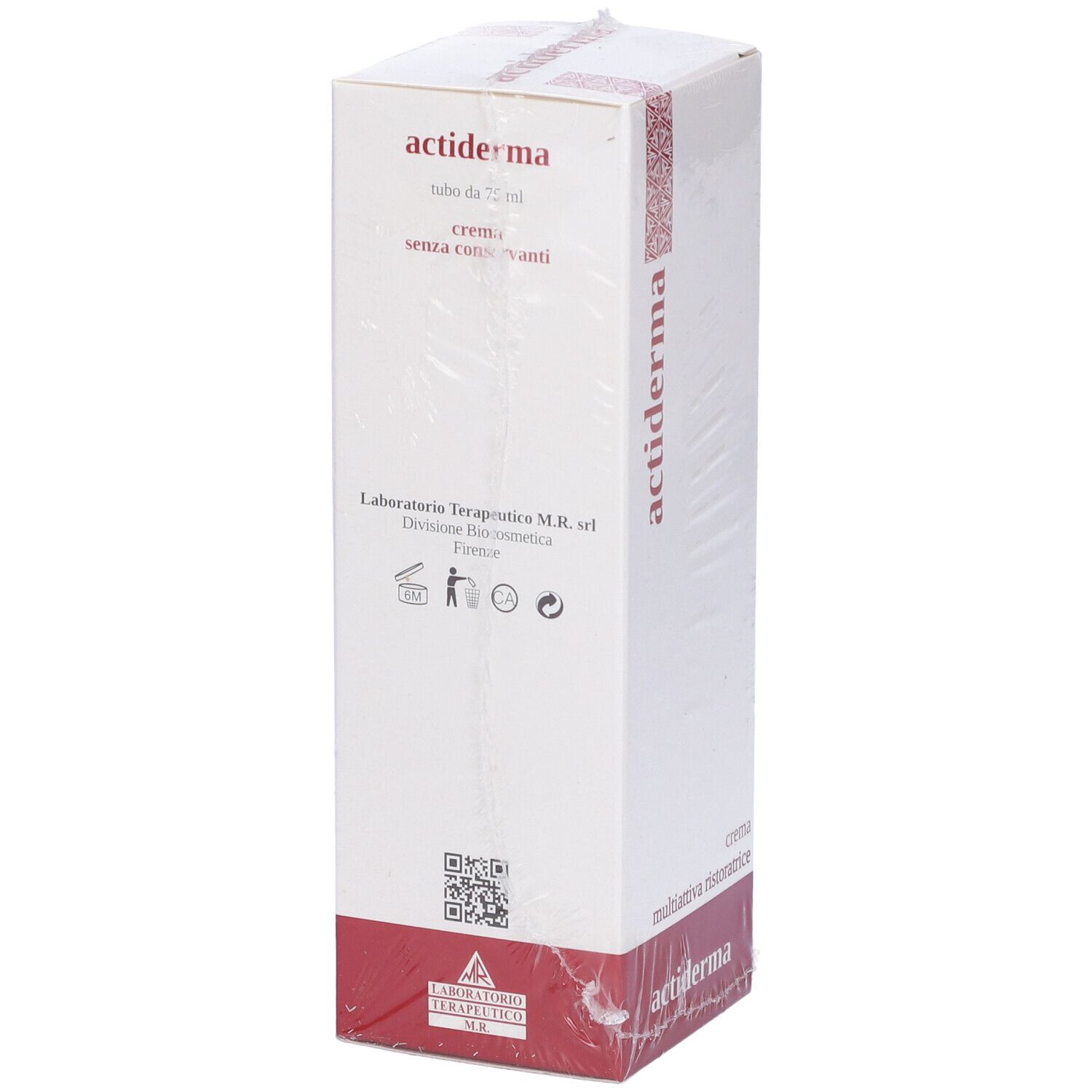 Scatola bianca confezionata con scritta rossa 'actiderma'. Testo: 'crema multiattiva ristoratrice'.