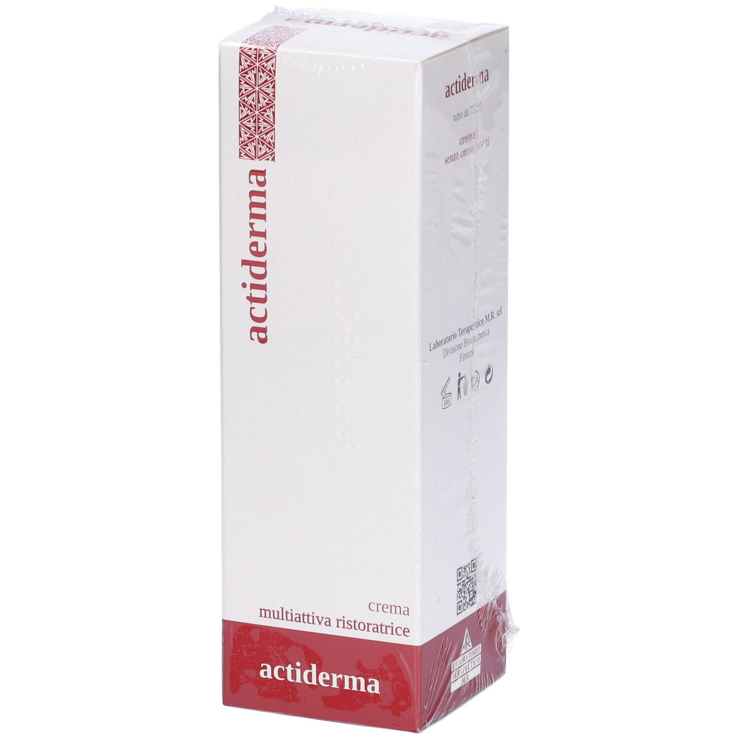 Scatola bianca confezionata con scritta rossa 'actiderma'. Testo: 'crema multiattiva ristoratrice'.