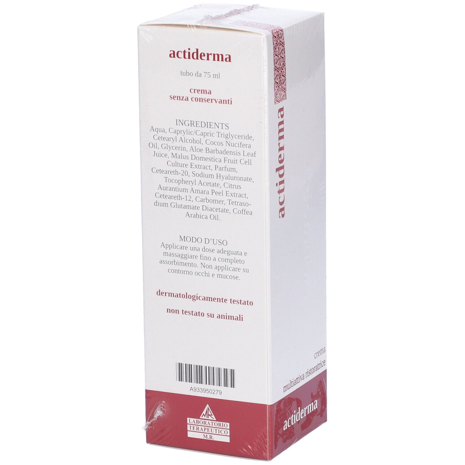 Scatola bianca confezionata con scritta rossa 'actiderma'. Testo: 'crema senza conservanti'.