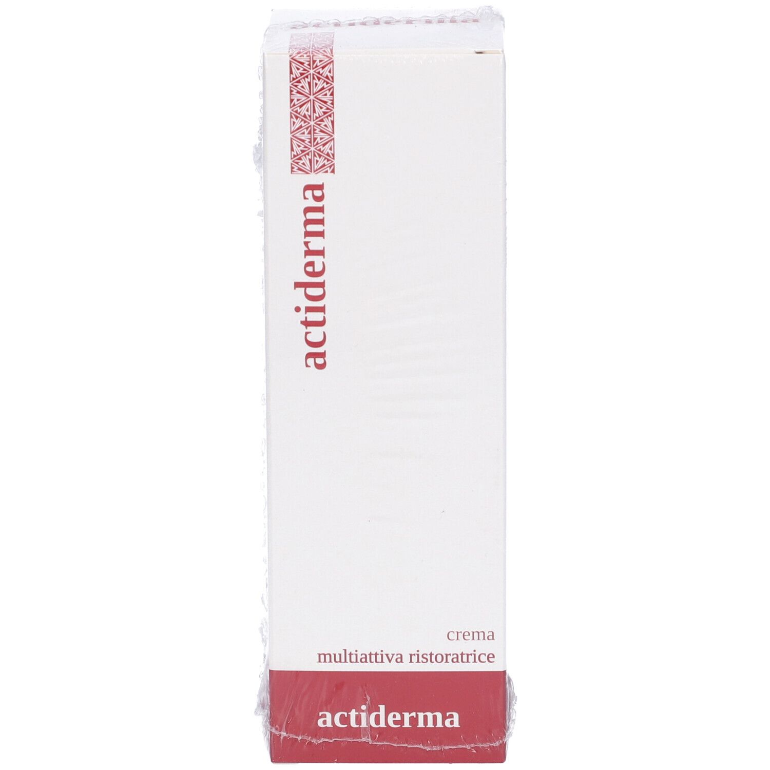 Scatola bianca con scritta rossa 'actiderma'. Testo: 'crema multiattiva ristoratrice'.