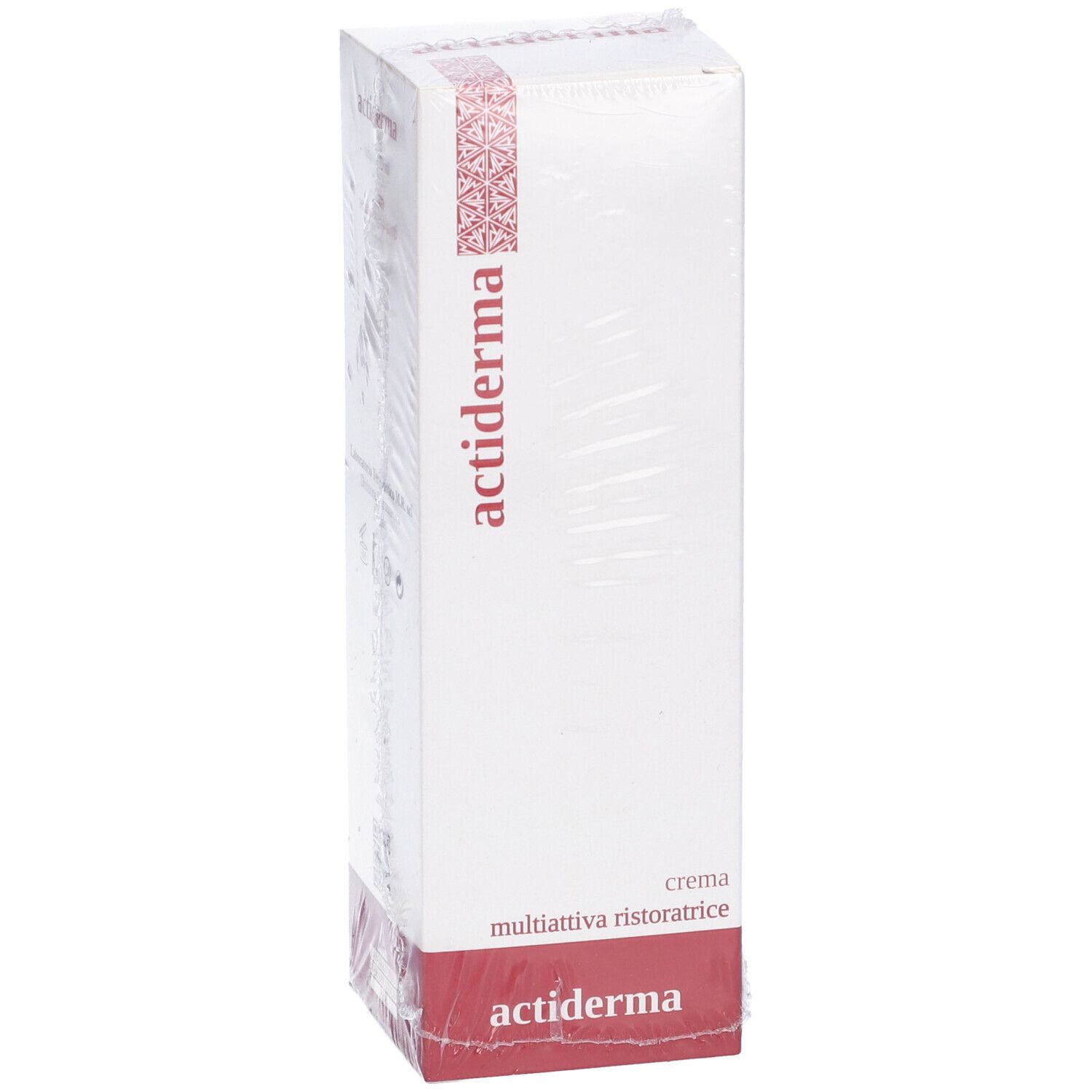 Scatola bianca confezionata con scritta rossa 'actiderma'. Testo: 'crema multiattiva ristoratrice'.