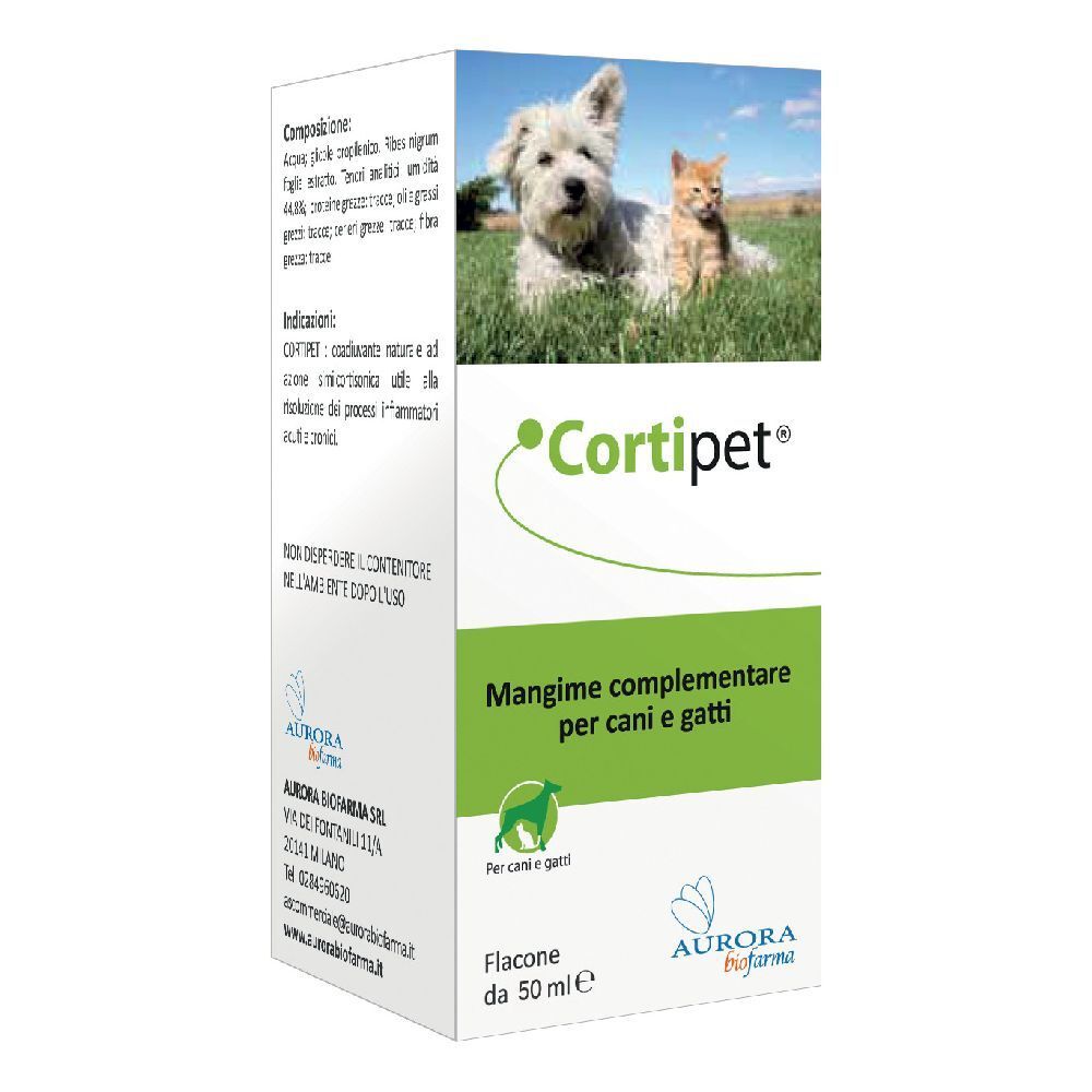 Scatola con immagine e testo. In alto: cane e gatto. Testo: Cortipet, mangime complementare per cani e gatti.