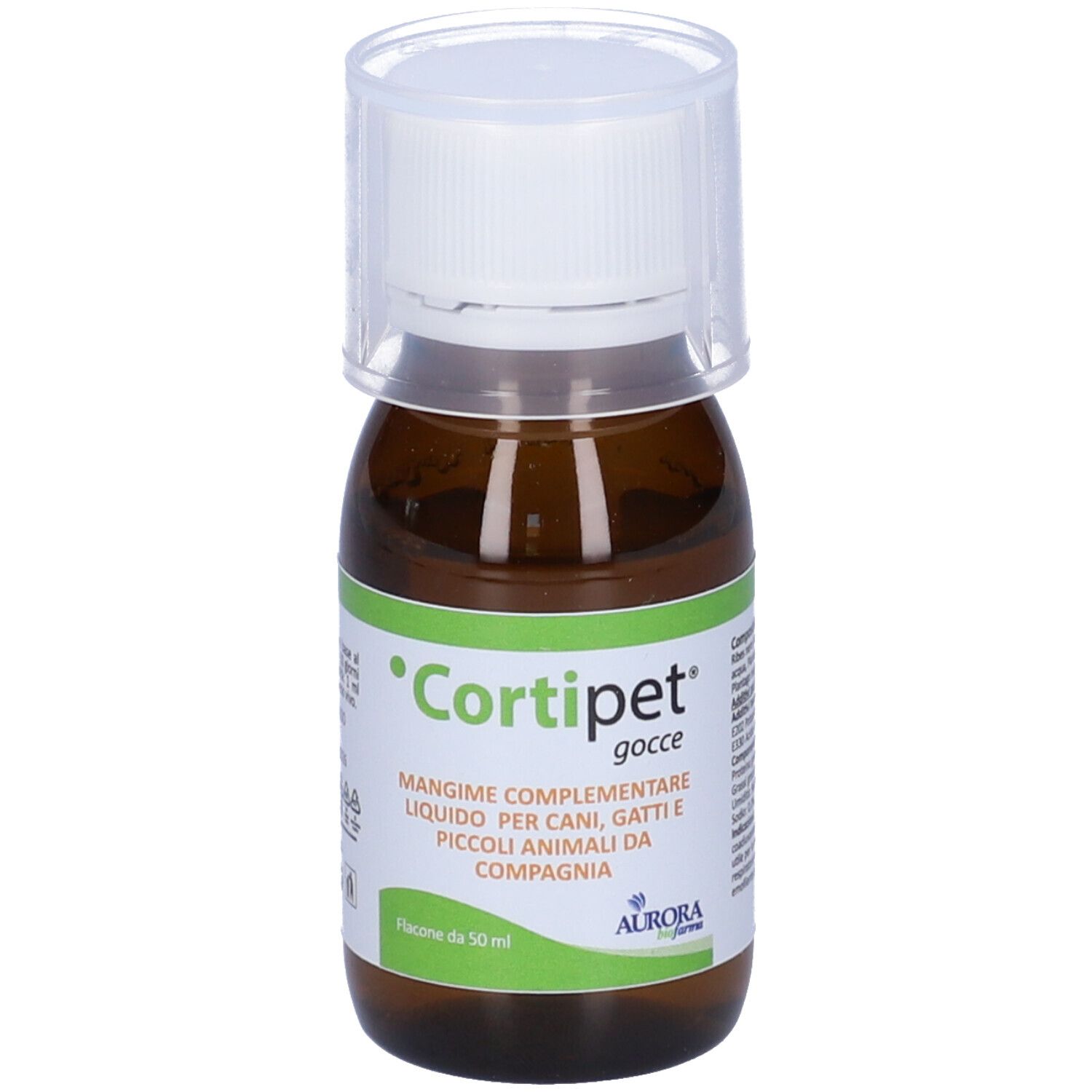 Flacone di vetro marrone con tappo bianco. Scritta: Cortipet, gocce. Mangime complementare per cani, gatti e piccoli animali.