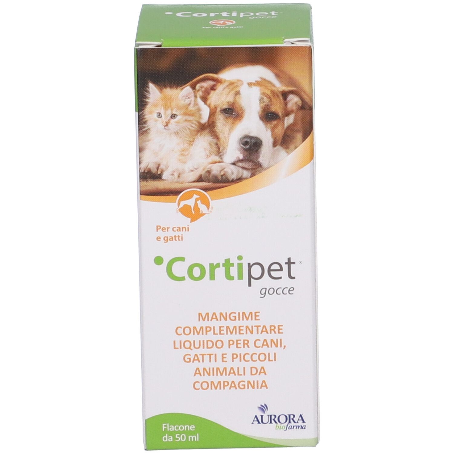 Scatola con immagine e testo. Scritta: Cortipet, gocce. Mangime complementare per cani, gatti e piccoli animali.