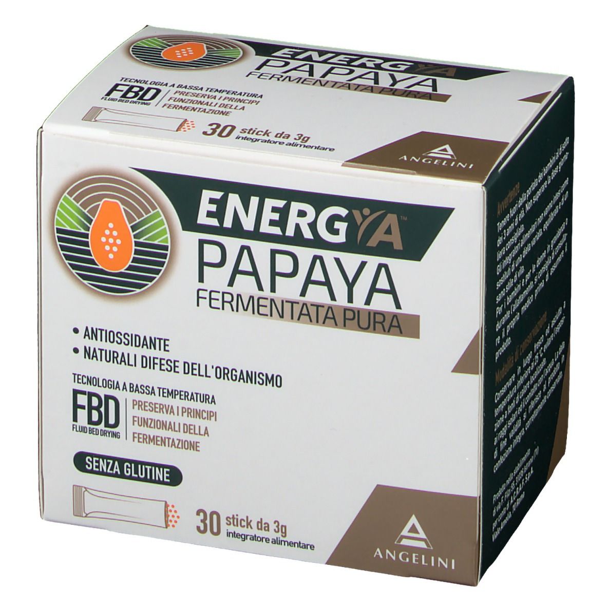Karton "Energia Papaya Fermentata Pura". Enthält 30 Sticks. Marke Angelini. Mit Antioxidantien und natürlichen Abwehrkräften. Glutenfrei.