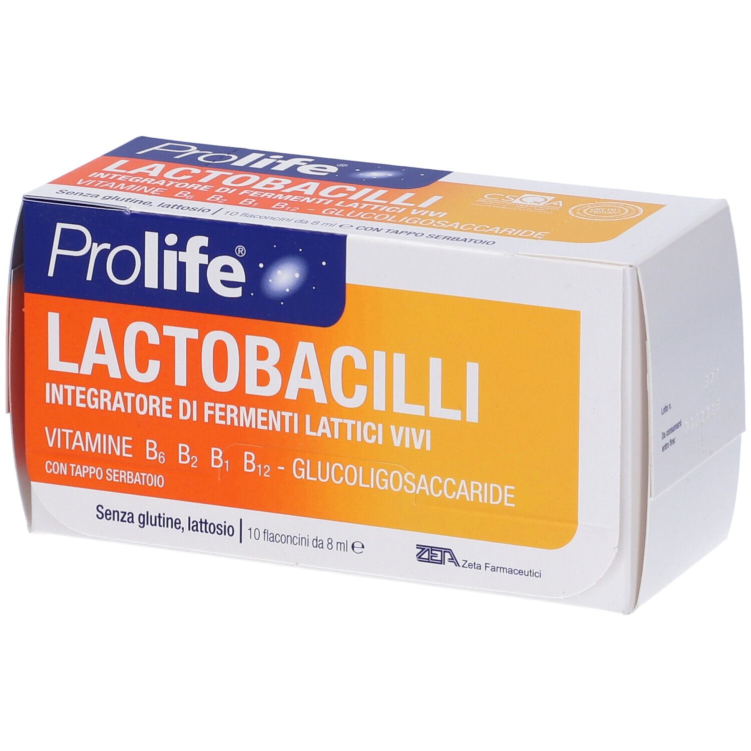 Confezione Prolife Lactobacilli. Scatola bianca con design arancione e blu. Contiene fermenti lattici vivi.