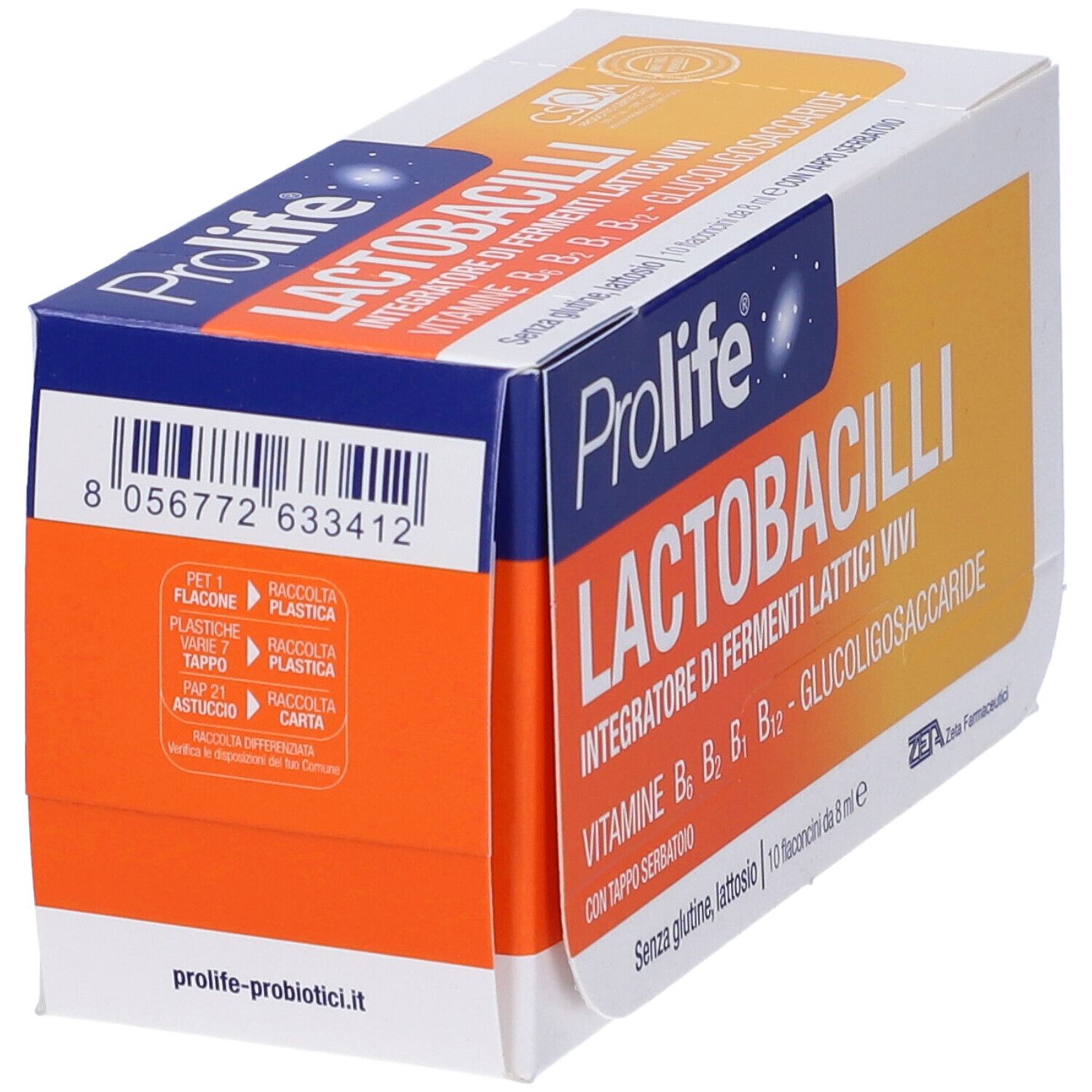 Confezione Prolife Lactobacilli. Scatola con codice a barre e testo. Contiene fermenti lattici vivi e vitamine.