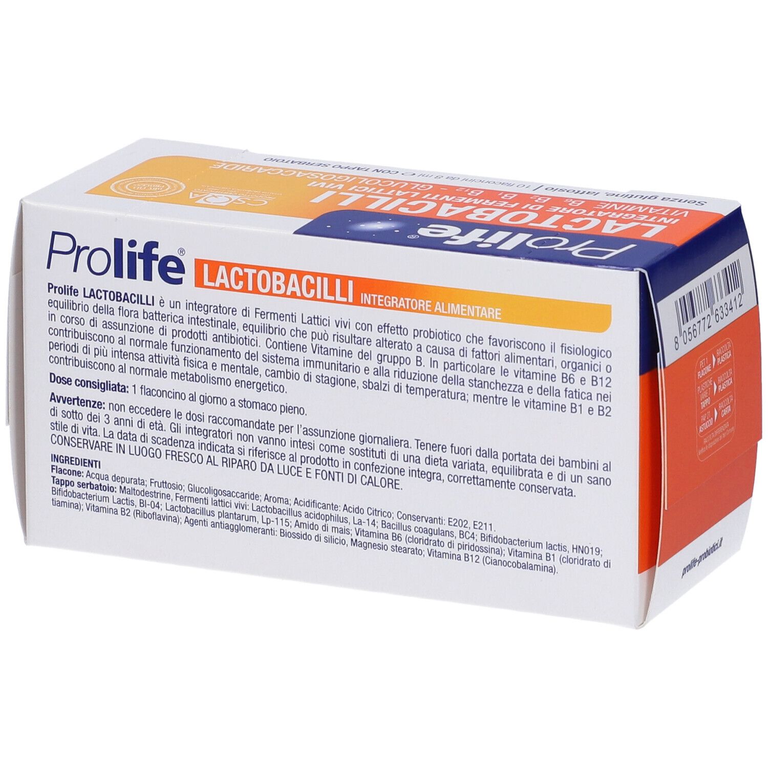 Confezione Prolife Lactobacilli. Scatola con testo. Contiene fermenti lattici vivi e vitamine.