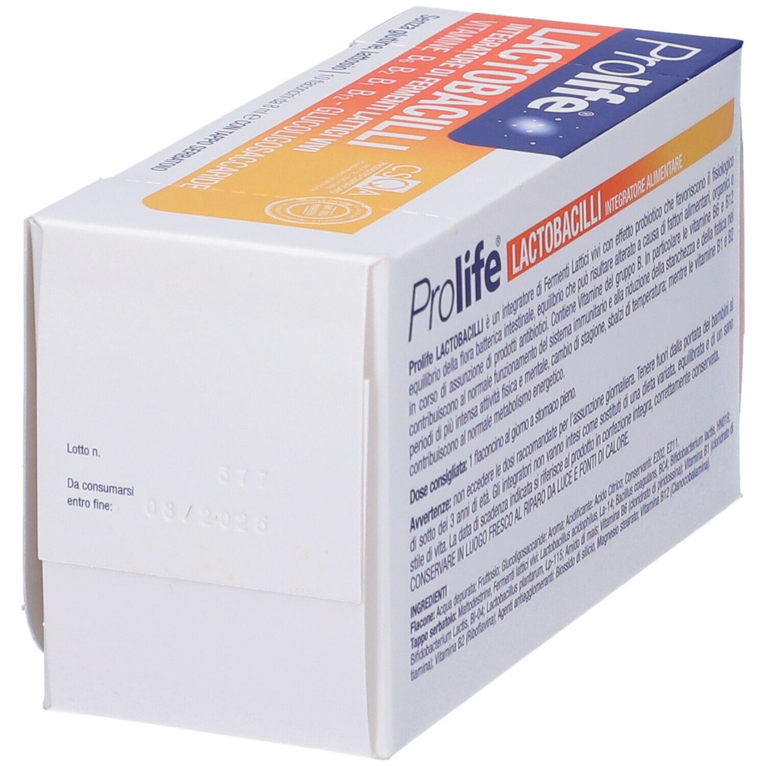 Confezione Prolife Lactobacilli. Scatola con testo. Contiene fermenti lattici vivi e vitamine.