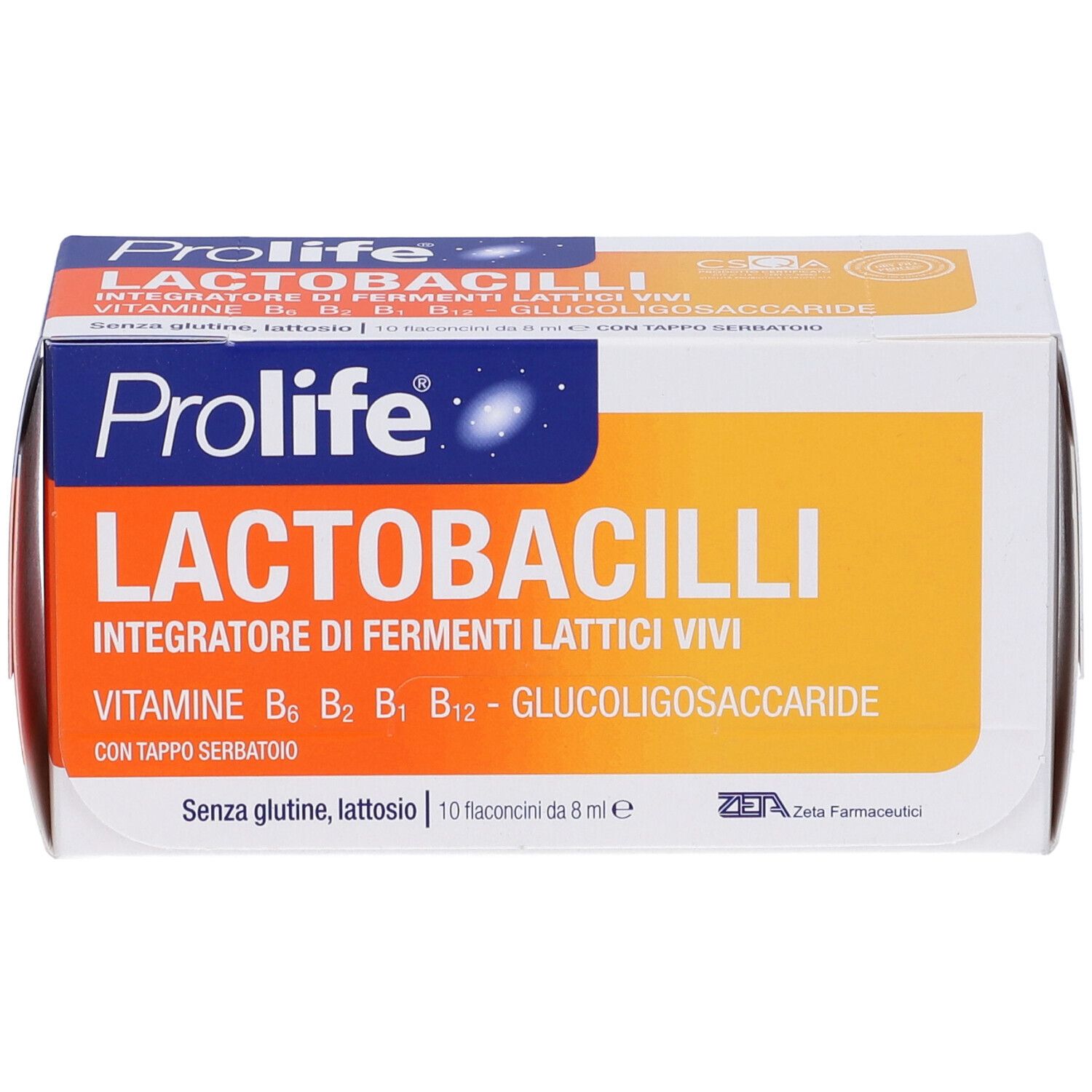 Confezione Prolife Lactobacilli. Scatola con testo. Contiene fermenti lattici vivi e vitamine.
