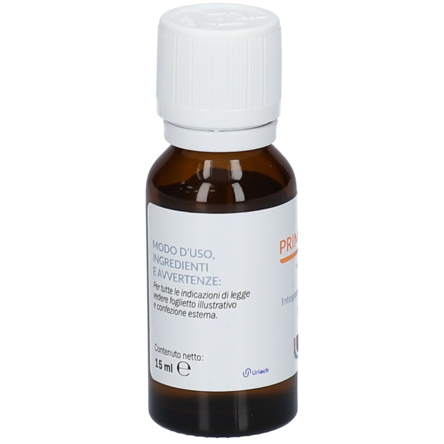 Braune Flasche mit weißem Deckel. Aufschrift PRIMOFLUOR, 15 ml. Rückseite mit Gebrauchsanweisung und Inhaltsstoffen.